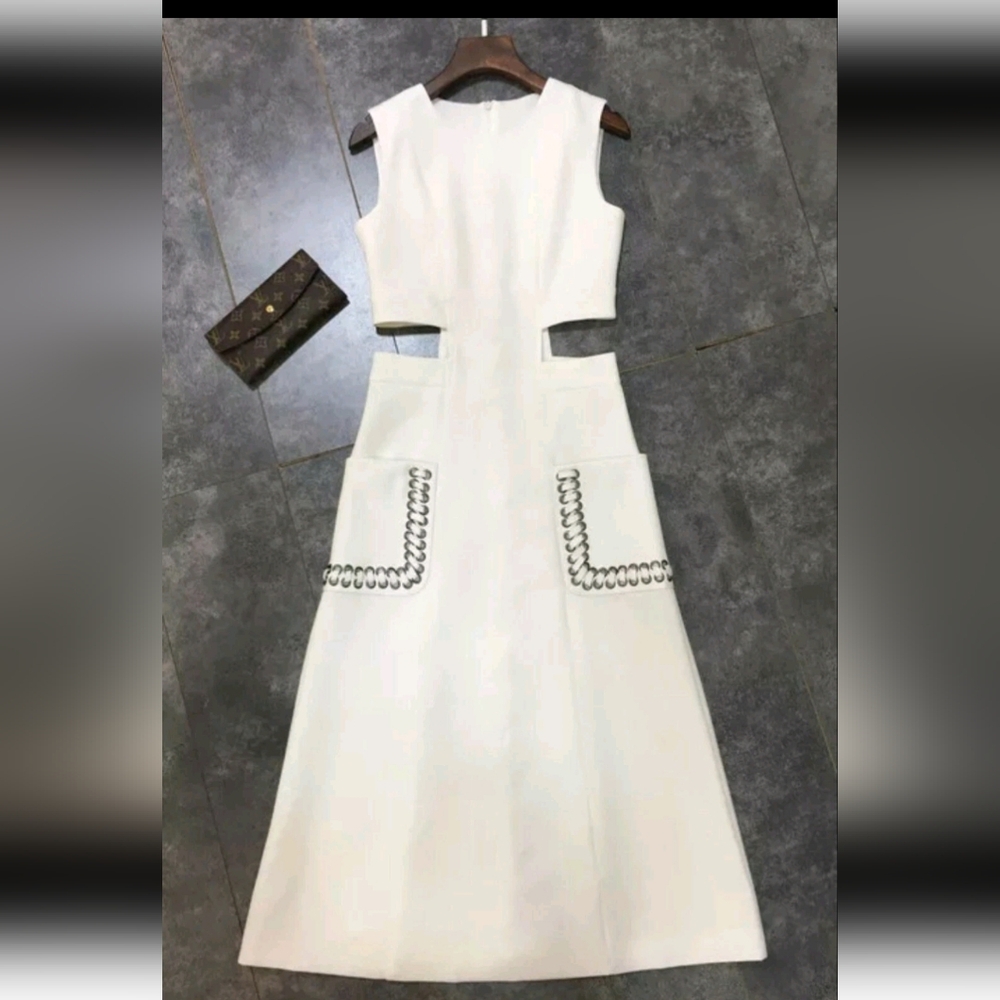 Cut Out Waist Sexy White Dress - Size Large